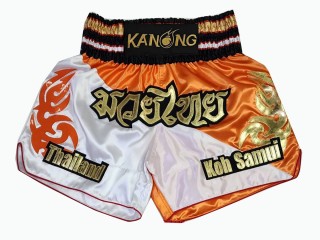 Short de Kickboxing Personnalisé : KNSCUST-1237 Orange-Blanc